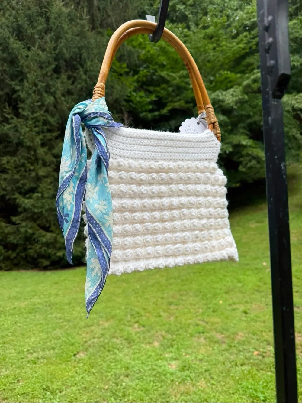 Handcrafted Cream Crocheted Hobo with Bamboo Handle